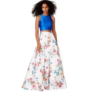 City Studios Satin Royal Blue and White Floral Two-Piece Dress